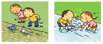 汚れた川に浮かんだ死んだ魚とペットボトル。顔をしかめる男の子と女の子のイラスト。水の澄んだ川で網を持って水遊びをする男の子と女の子のイラスト。
