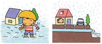 大雨が降っており、家の周りの冠水した道を歩く黄色い傘を差した男の子のイラスト。大雨が降っており、ピンク色の屋根でくつろぐ女の人の写真。家の生活用水や雨水が下水管に流入し、処理されているイラスト。