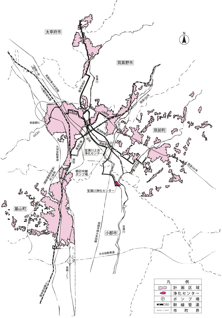 宝満川上流流域下水道の計画処理区域は筑紫野市、太宰府市、筑前町、佐賀県基山町の2市2町になります。